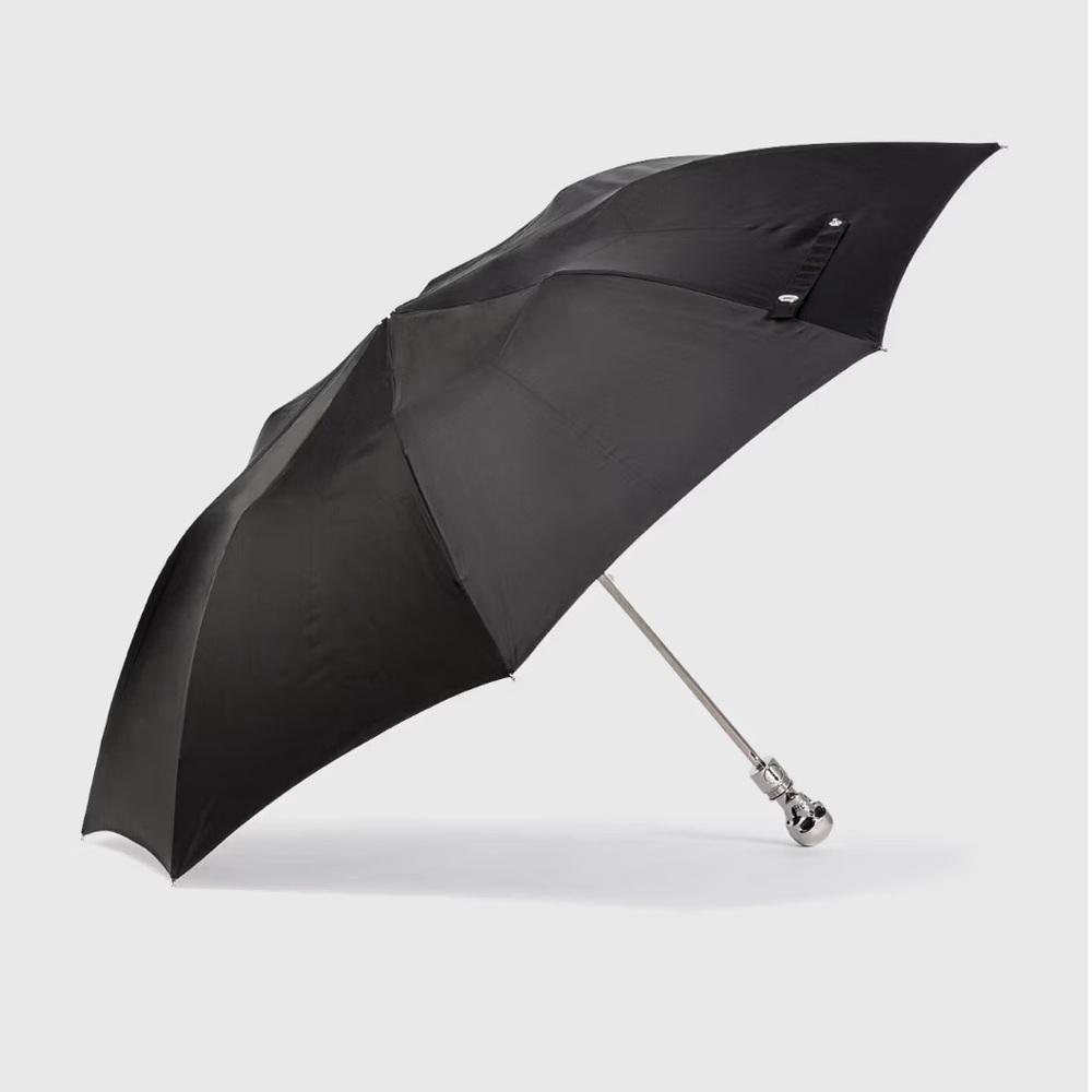Alexander McQueen Black Folding Umbrella with Silver Tone Skull Handle - Picture 9 of 9